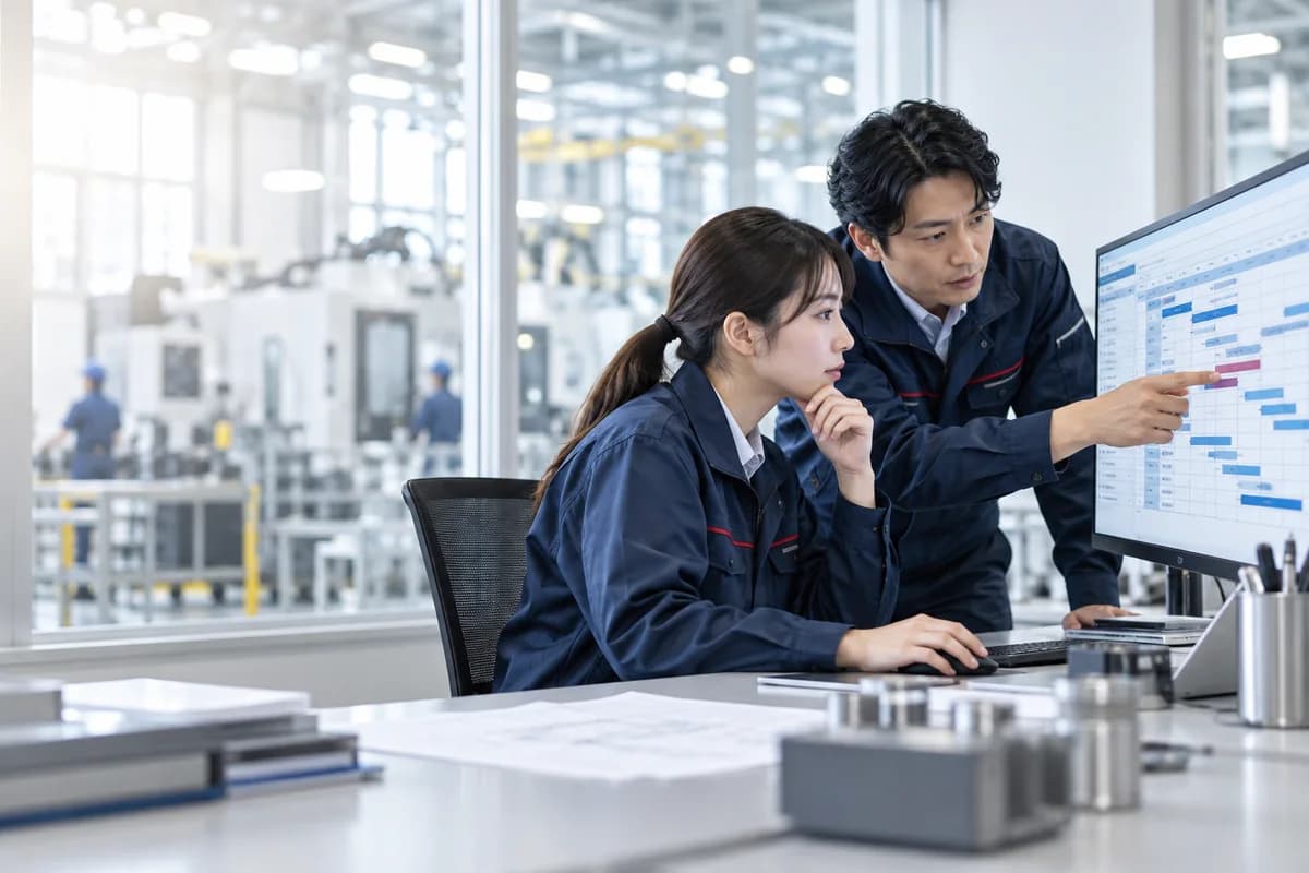 生産計画の画面を見ながら相談する、作業着の社員