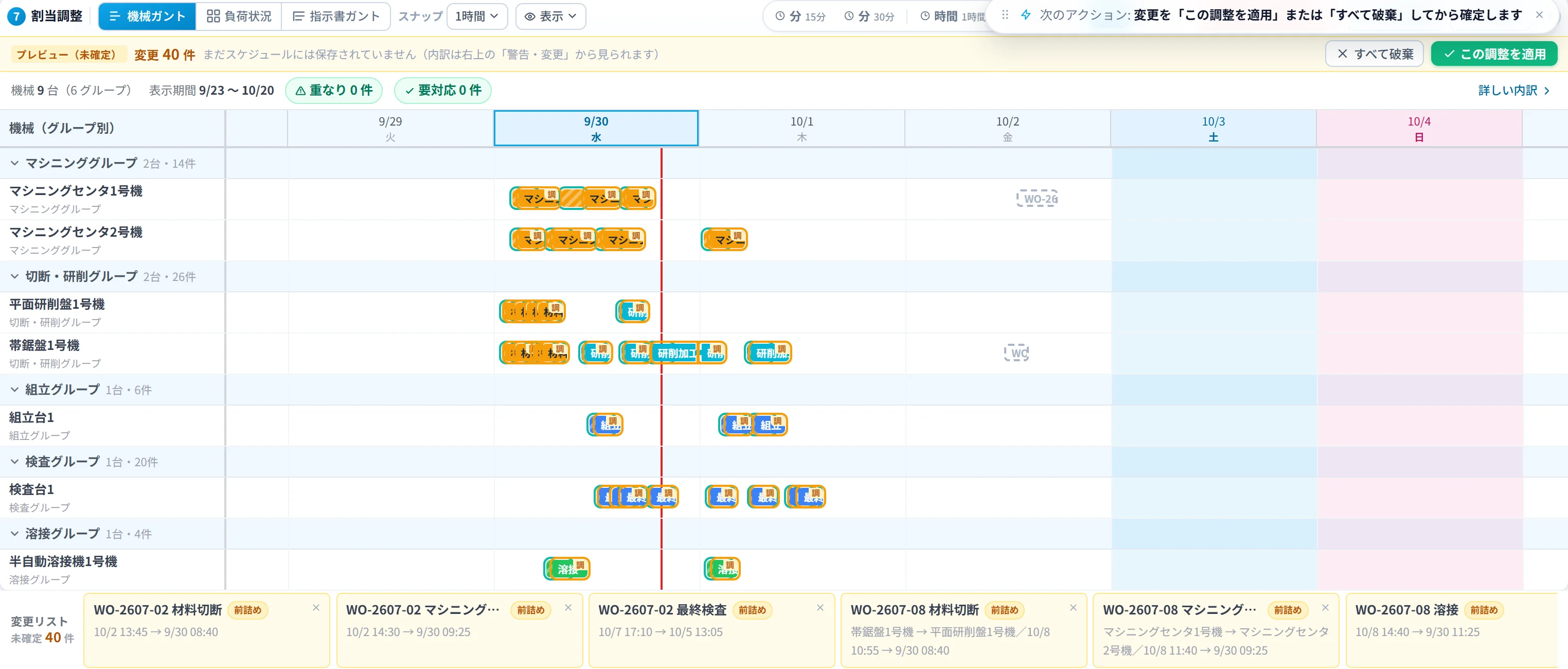 生産スケジューラの工程予定をガントチャートで確認する画面イメージ